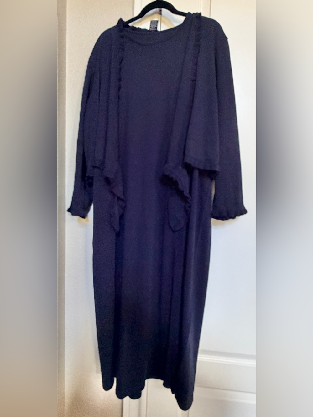 Nina Leonard Navy Ruffle-Trim Long Sleeve Dress